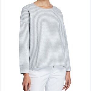 Eileen Fisher grey and white striped top in organic cotton with bateau neck